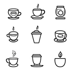 Coffee Cup Icons Set, Black and White, Outline Style, Beverage Concepts