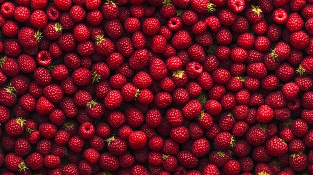 A detailed overhead shot of red raspberries, tightly arranged in an abundant display. The image highlights the natural color, texture, and vibrancy of the freshly harvested berries.. AI Generation