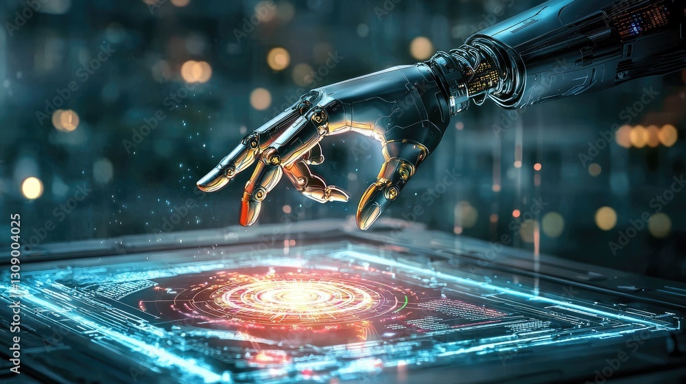 Poster a futuristic robotic arm coding on a transparent holographic screen in a dark cyberpunk setting.