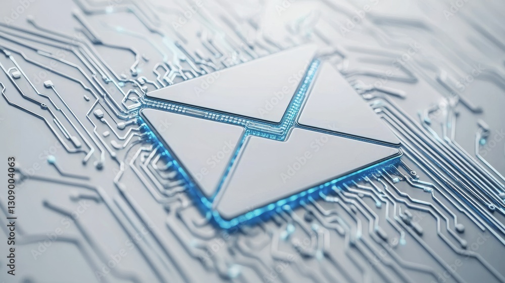 Poster detailed 3d illustration depicting an email icon embedded on a circuit board with intricate digital 
