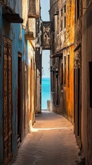 Fototapeta premium A cinematic, atmospheric shot of a narrow alleyway in Zanzibar€™s Stone Town where centuries-old