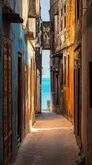 Photo sur Plexiglas A cinematic, atmospheric shot of a narrow alleyway in Zanzibar€™s Stone Town where centuries-old