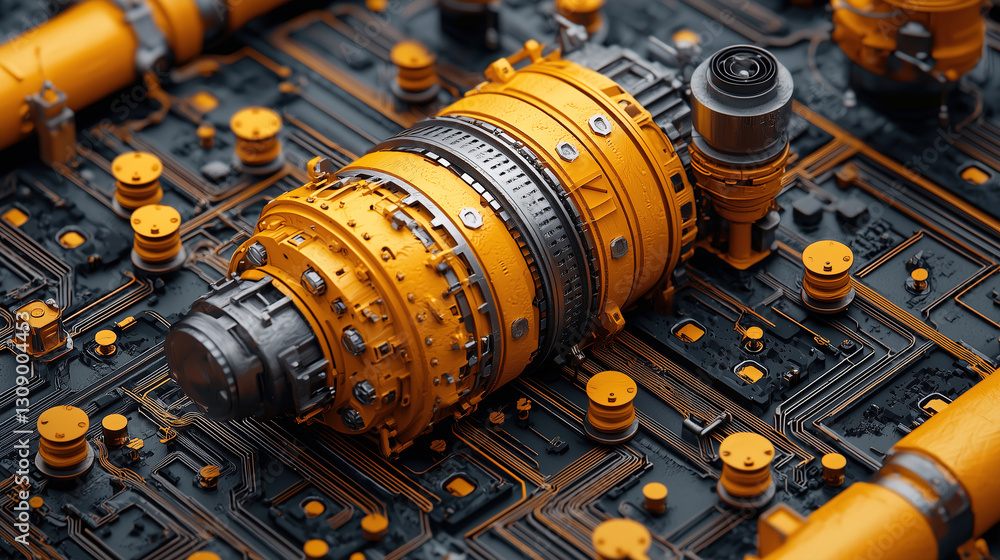 Poster detailed close-up of an industrial engine component on a circuit board with vibrant colors and intri