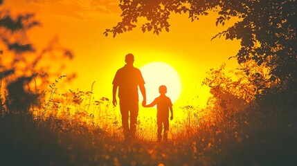 Fototapeta premium Heartwarming Silhouette of Father and Son Walking Together at Sunset for Father's Day