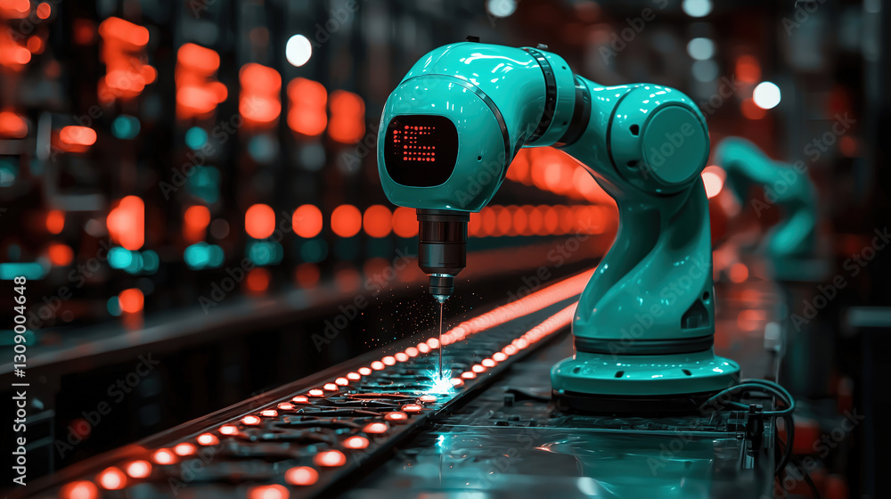Poster robotic arm engaged in automated assembly line task under vibrant lighting in a modern manufacturing