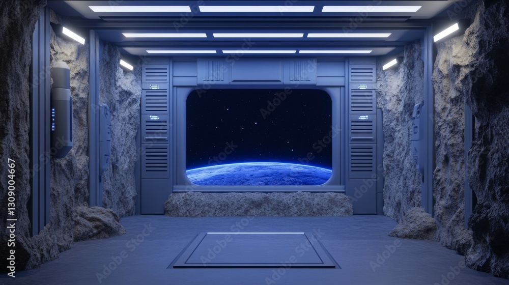 Poster a high-tech space station room featuring a large window with a stunning view of earth from space. th