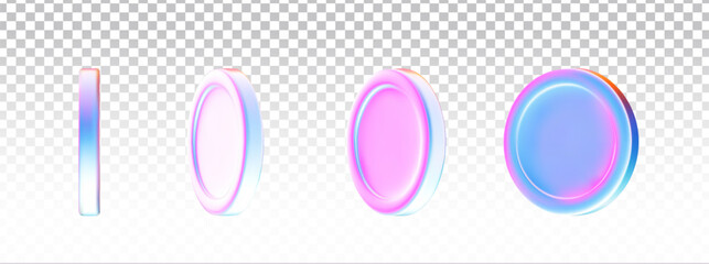Set of iridescent coins from different views. 3d money symbols isolated. Vector illustration