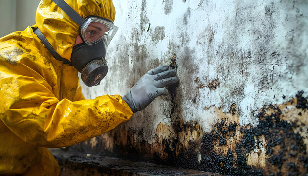 Specialist in protective gear inspects black mold growth on wall, assesses damage. Dampness, moisture, water intrusion risks. Home building property maintenance, fungal contamination cleanup repair.