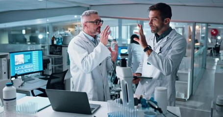 Science, team and discussion with people and microscope for healthcare, breakthrough and biotechnology. Genetic marker test, dna innovation with doctors in laboratory for medical results and research - Powered by Adobe