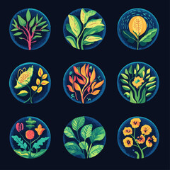 Plant Illustrations: Stylized Botanical Arrangements in Circular Frames.