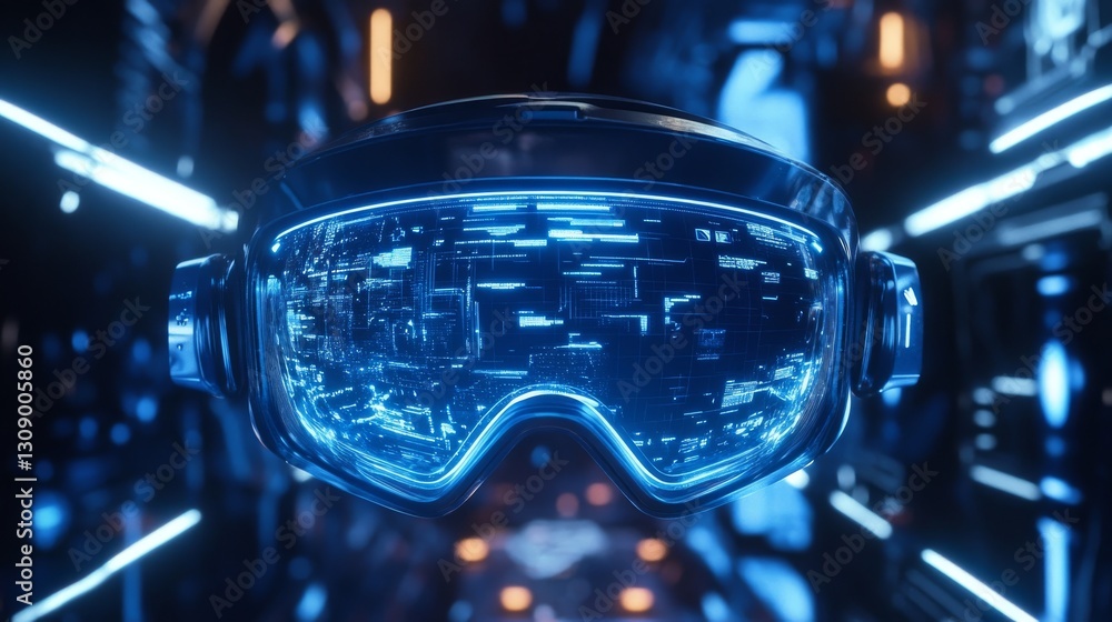 Poster high-tech virtual reality goggles emitting a blue holographic data display in a sci-fi environment. 