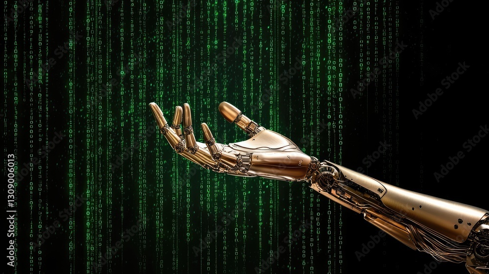 Poster a metallic robot hand controlling lines of green matrix-style code, symbolizing machine intelligence