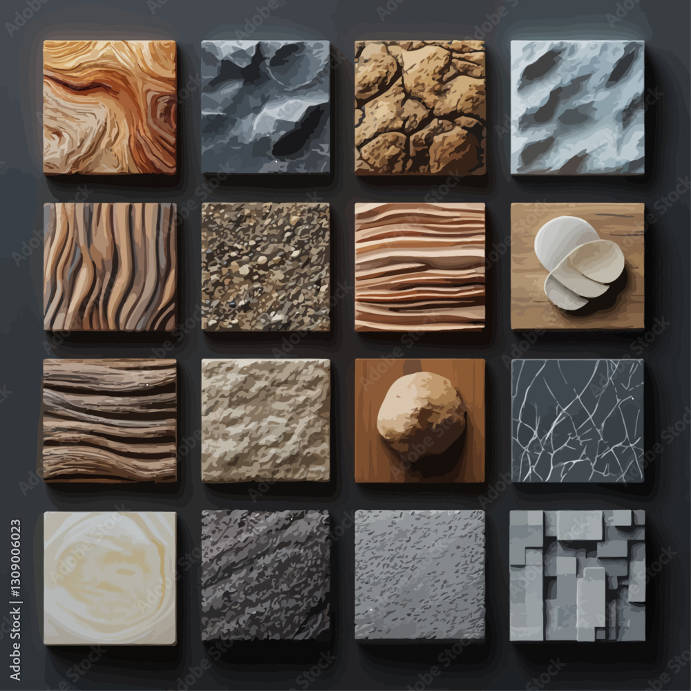 Aufkleber diverse texture and material samples collection, design elements on dark background