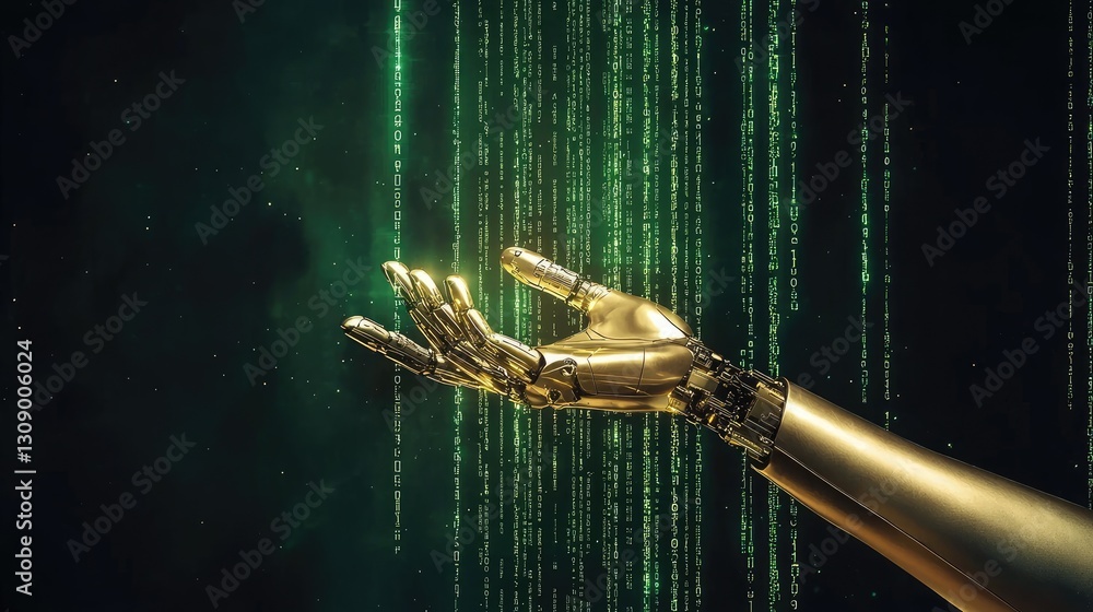 Poster a metallic robot hand controlling lines of green matrix-style code, symbolizing machine intelligence