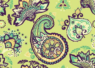 Seamless paisley pattern in Oriental style with floral and ethnic motifs for printed fabric, wallpaper, and packaging