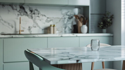 Close up of a marble table top in a modern kitchen. Interior of a showcase cooking room mockup. 