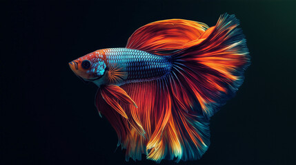 Fototapeta premium A vibrant, multicolored betta fish swims gracefully against a dark background, showcasing its flowing fins and dynamic colors.