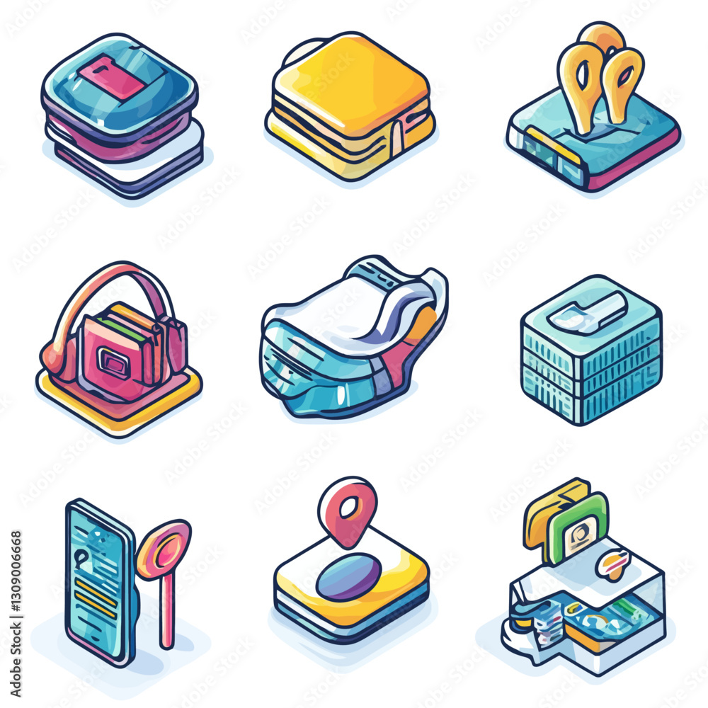 Poster set of isometric vector icons. digital interface elements and symbols