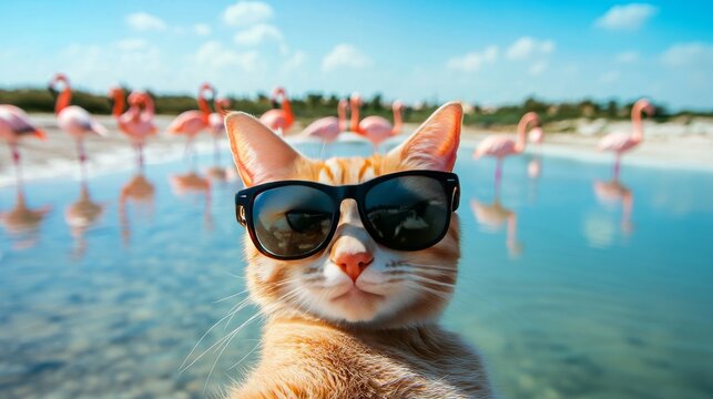 A cool and confident cat sporting sunglasses is seen at the edge of a beach, with a serene scene of pink flamingos in the background. The fun and whimsical image combines animals and tropical scenery