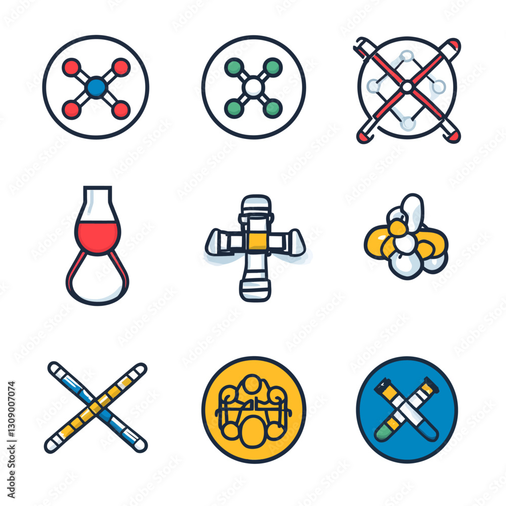 Poster set of colorful science icons representing different symbols and elements.