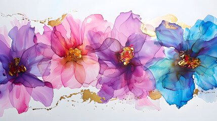Alcohol ink painting with thin gold or silver leading lines, blending pink and blue hues in a luxurious abstract composition.
