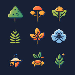 Fototapeta premium Colorful Nature Icons: Trees, Leaves, Flower, and Foliage Illustrations