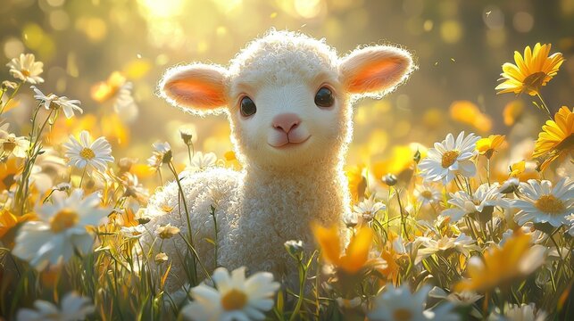 Charming Spring Lamb Surrounded by Colorful Wildflowers in a Serene Meadow