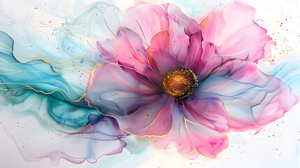 Alcohol ink painting with thin gold or silver leafing, featuring pink and blue tones in an elegant fluid abstract artwork.