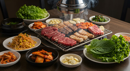 Obraz premium Korean BBQ Feast: Assorted Meats, Banchan, & Steaming Grill