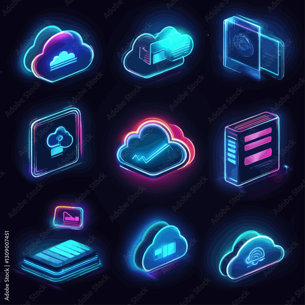 Poster cloud computing icons in vibrant neon style on black backdrop