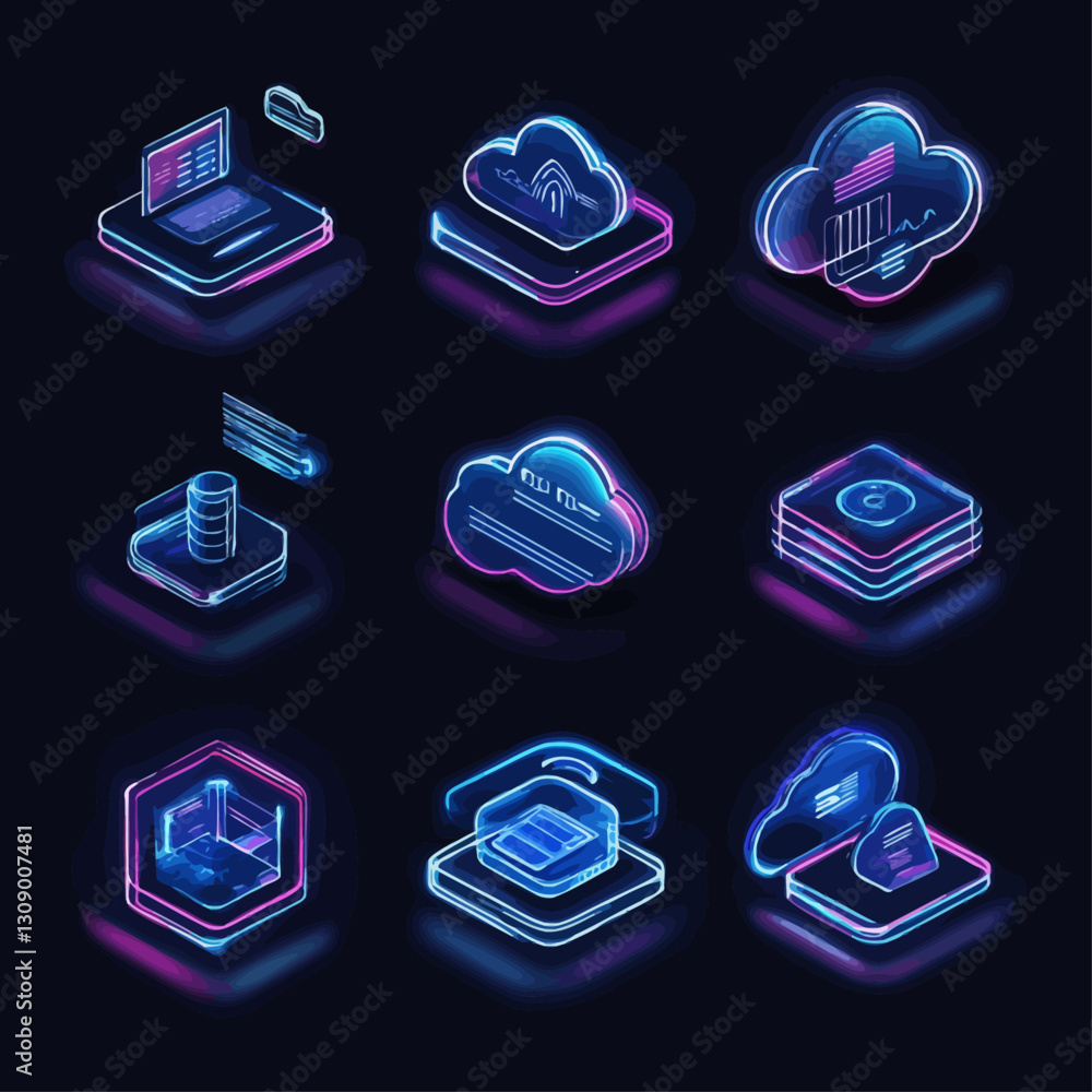 Poster neon cloud computing concept icons over dark background, data storage.