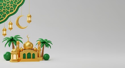an exquisite mosque building model decorated with glossy brass dome, for Ramadan Mubarak, clouds, palm trees, in light peach color background, copy space text area on right side, 3D illustration.
