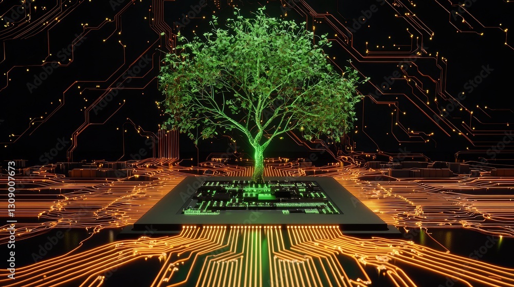 Aufkleber a neon-lit circuit board with a glowing green tree sprouting from its intricate lines.