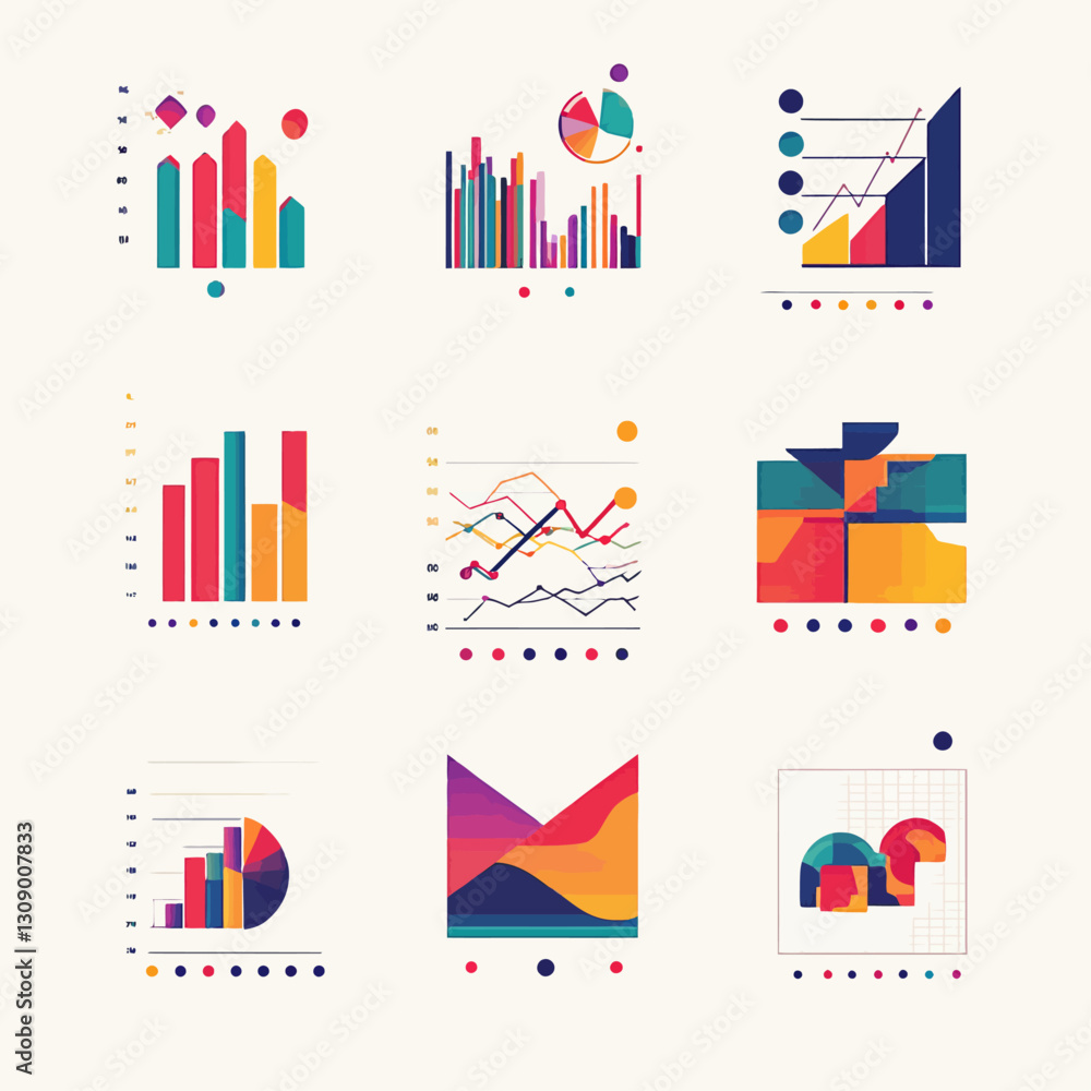 Poster colorful data visualization charts and graphs abstract set