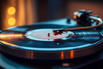 Vintage turntable playing vinyl record with needle on spinning disc