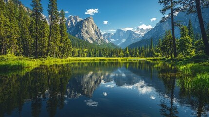 Stunning Mountain Meadows with Majestic Peaks and Serene Waters Under Clear Blue Sky