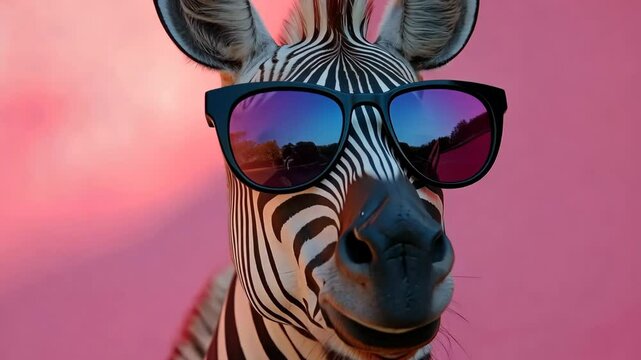 Zebra wearing sunglasses and standing in front of a pink background. The zebra's sunglasses give it a cool and stylish appearance