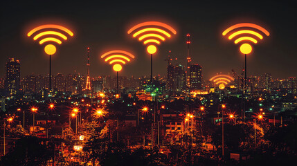 Urban skyline illuminated by wireless signal symbols at night showcasing technology and city life. Generative AI