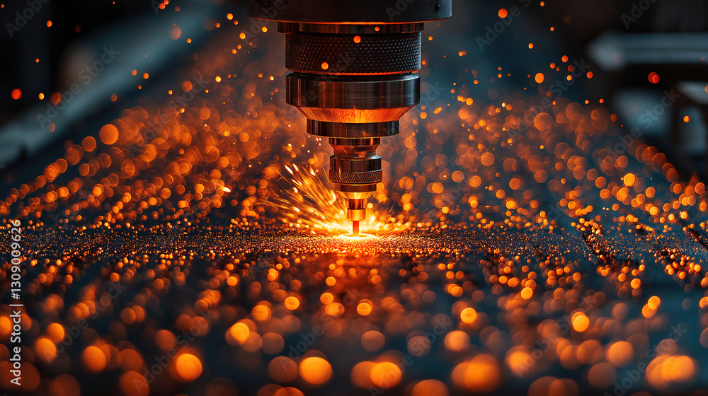 Aufkleber laser cutting process creates sparks and light effects in a workshop. generative ai