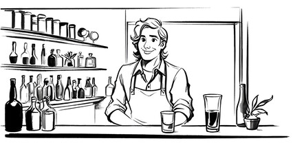 Bartender standing behind counter with drinks isolated on transparent background