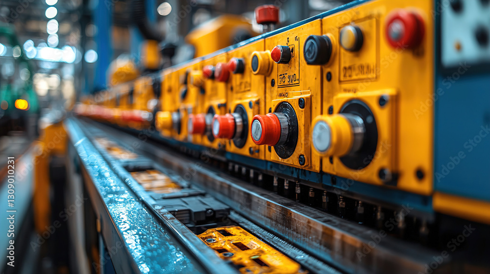 Poster control panel with colorful buttons in a factory setting during equipment operation. generative ai