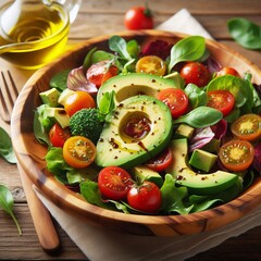 A colorful salad composed of fresh greens ripe cherry tomatoes c
