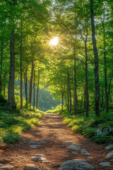 Obraz premium Sunlit Forest Path: A Journey Through Verdant Woodlands with Natural Radiance