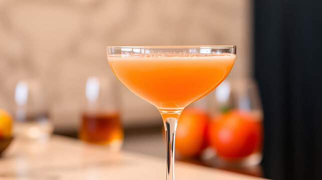 A tasteful peach-colored cocktail in a sleek glass, set against a blurred background, creates an elegant atmosphere ideal for upscale gatherings and celebrations.