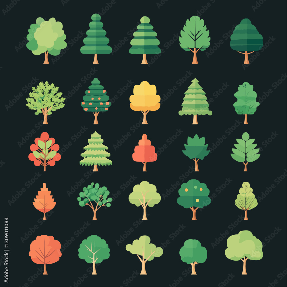 Poster vector set of colorful trees on black background