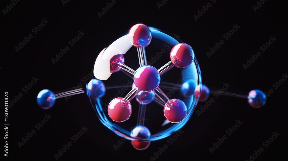 Poster a close-up 3d rendering of a glowing molecular structure suspended in a dark environment. the sphere