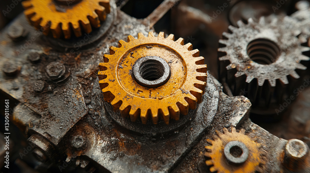 Poster close-up view of rusty gears showcasing intricate design and aging effects in an industrial setting.