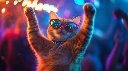 A cool orange cat, wearing stylish sunglasses, throws its paws up in excitement at a neon-lit concert. The vibrant lights and party vibes create a fun and animated atmosphere.. AI Generation