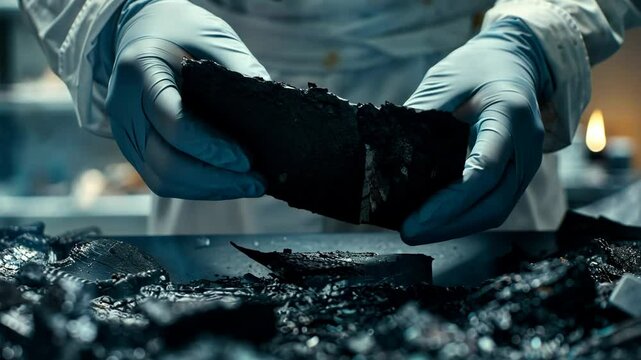 Close-up of investigator's hands collecting charred evidence