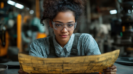 Young woman studying engineering plans in a workshop filled with machinery and tools during the daytime. Generative AI